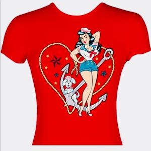 SEASIDE SWEETIE NAUTICAL SAILOR GIRL RED PINUP TOP